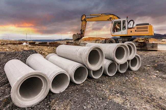 stormwater and sewer construction materials on construction site